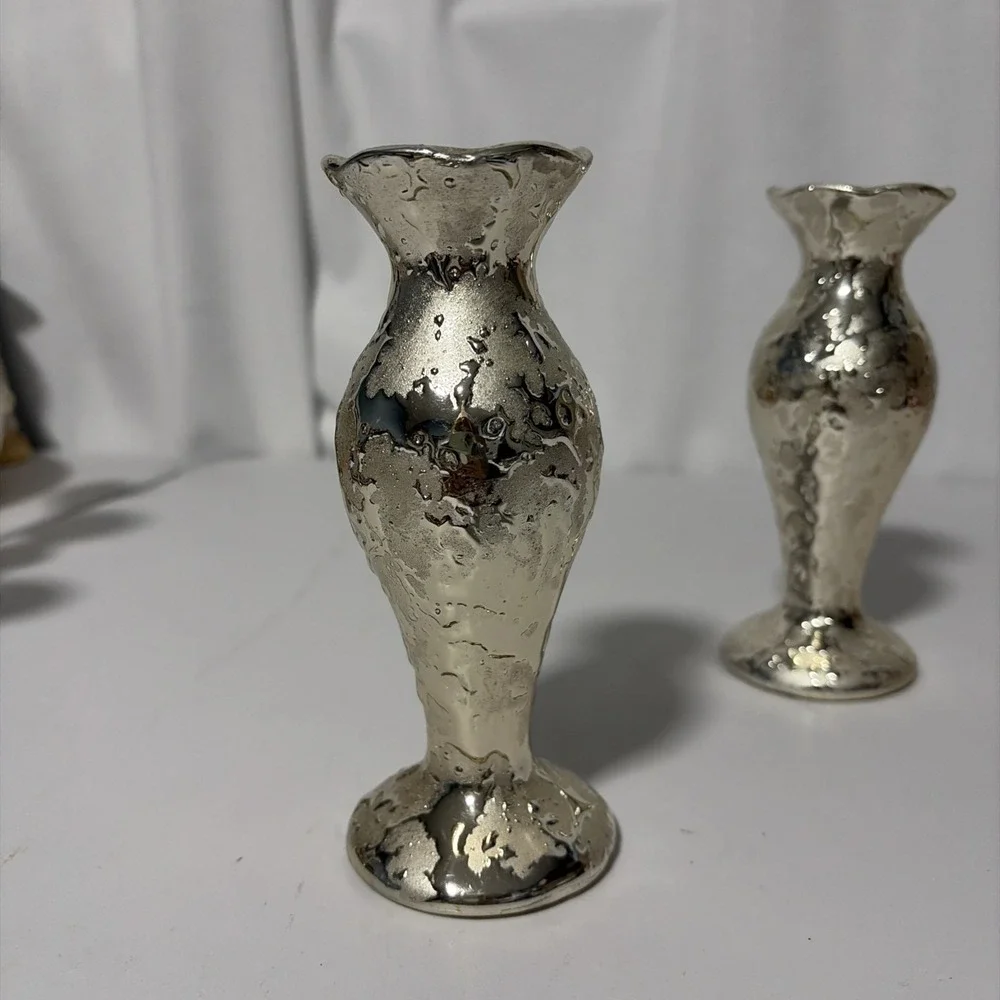 Two Vintage Weeping Gold Textured Bud Vases Mid Century Modern